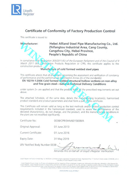 EN 10219 Certificate page 1